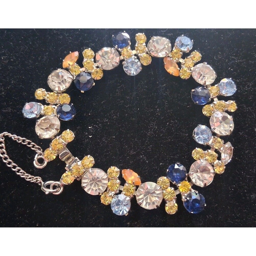 VTG marquise & round cut blue,clr, yellow rhinestone bracelet Safety chain 7"